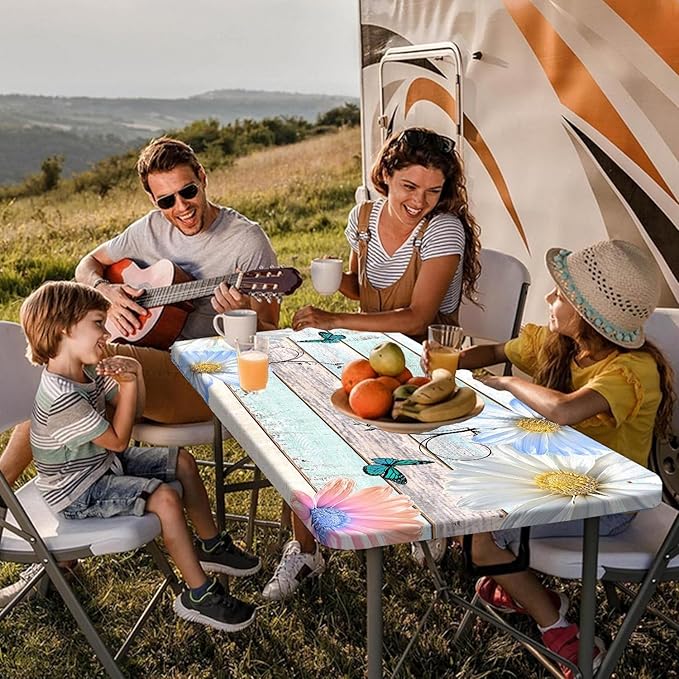 Rustic Daisy Flower Wooden Picnic Table Cover with Bench Covers, Farmhouse Flower Waterproof Wood Board Tablecloth for Patio Camping Outdoor Party Decorations with Drawstring Bag, 30X60in, 3PCS