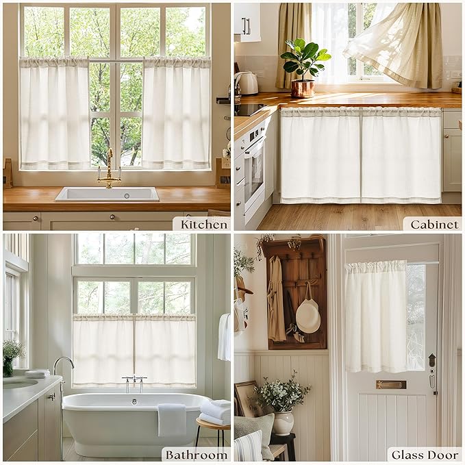 Natural Linen Kitchen Window Curtains Over Sink 36 Inch Length for Farmhouse Cafe Bathroom Small Window Drapes Cream Semi Sheer Light Filtering Privacy Small Curtains W34xL36