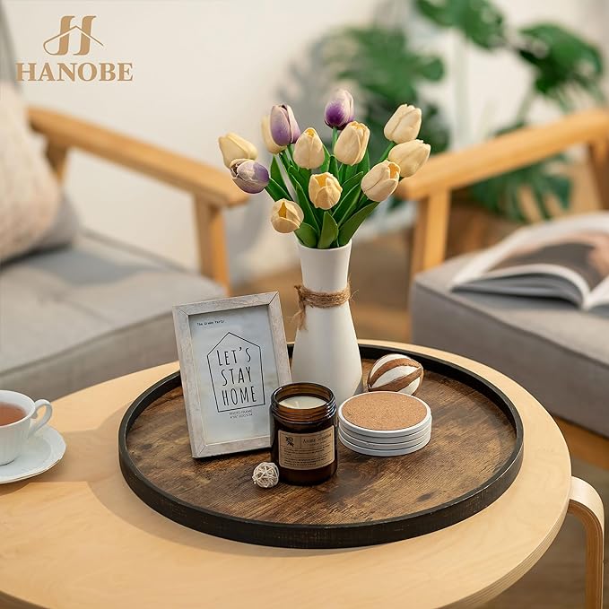 Hanobe Decorative Coffee Table Tray: Brown Wood Tray Round Rustic Wooden Trays Circle Farmhouse Centerpiece Candle Holder for Home Decor Ottoman Counter Display Living Room Organizer 18"