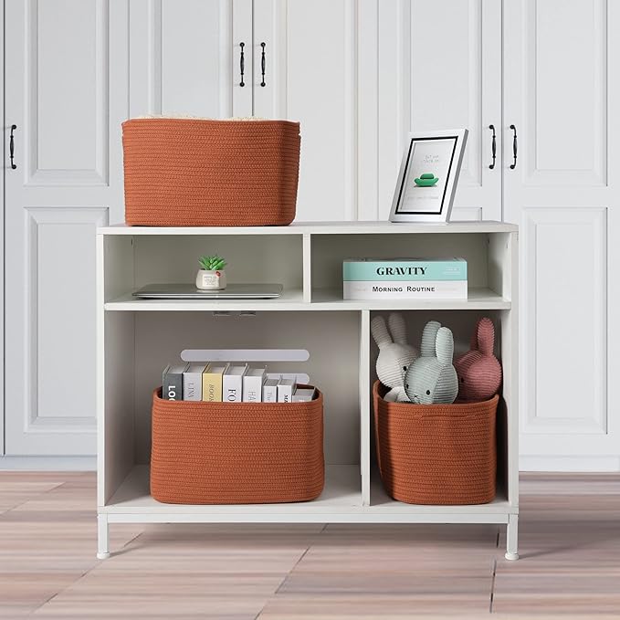 Cotton Rope storage Basket Bins Woven Basket for Organizing Shelves 15X10X9.3" Rectangle Decorative Baskets For storage Clothes Toys Books Towels Nursery basket organizer 3 pack Rust
