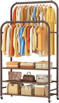 HOMIDEC Double Rods Clothes Rack Clothing Rack with 3 Tier Storage Shelves Clothes Rack for Hanging Clothes Multifunctional Heavy Duty Clothes Organizer for Bedroom,Wardrobe Closet,Shop,Brown