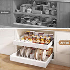Seinloes 6 Pack Pull out Cabinet Organizer 21"Deep with Raising Pad for Framed Cabinets, Expandable Slide out Drawers for Kitchen Cabinets with 6pcs Divider Racks, Roll out Shelves 12.1"-20.4" W White