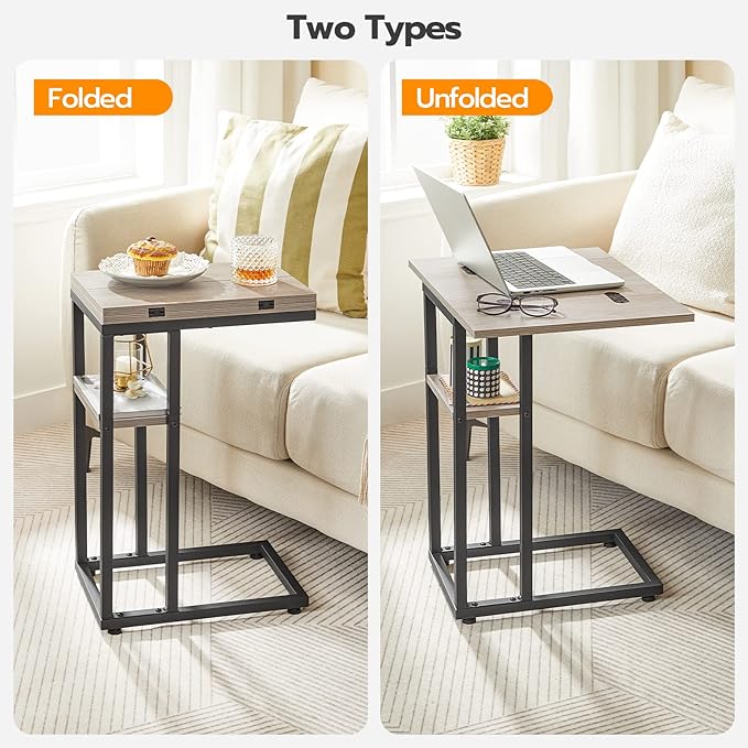 HOOBRO Foldable C Shaped End Table, C Shaped Side Table with Storage Shelf, Small Snack Table, Slide Under Couch Table for Sofa, Living Room Bedroom Small Spaces Easy Assembly, Greige BG29SF01