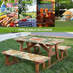 Vintage Floral Picnic Table Cover with Bench Covers Set of 3-European Symmetrical Flowers Pattern,Elastic Fitted Tablecloth for 6 Ft Tables, Washable Polyester Cover for Camping, Indoor & Outdoor