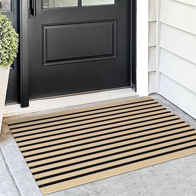 KOZYFLY Brown and Black Striped Porch Rug 2x3 Ft Small Area Rug Cotton Outdoor Doormat Front Door Rugs Washable Outdoor Rugs Farmhouse Layered Door Mat for Front Door Entryway Patio Porch