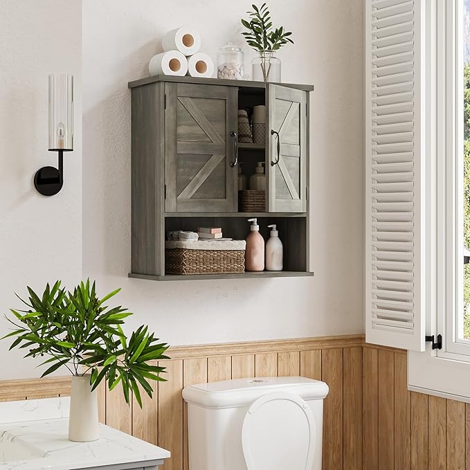 Bathroom Wall Cabinet with Barn Doors, Wall Mounted Bathroom Storage Cabinet, Farmhouse Style, Adjustable Shelf, Wall Mounted, Grey