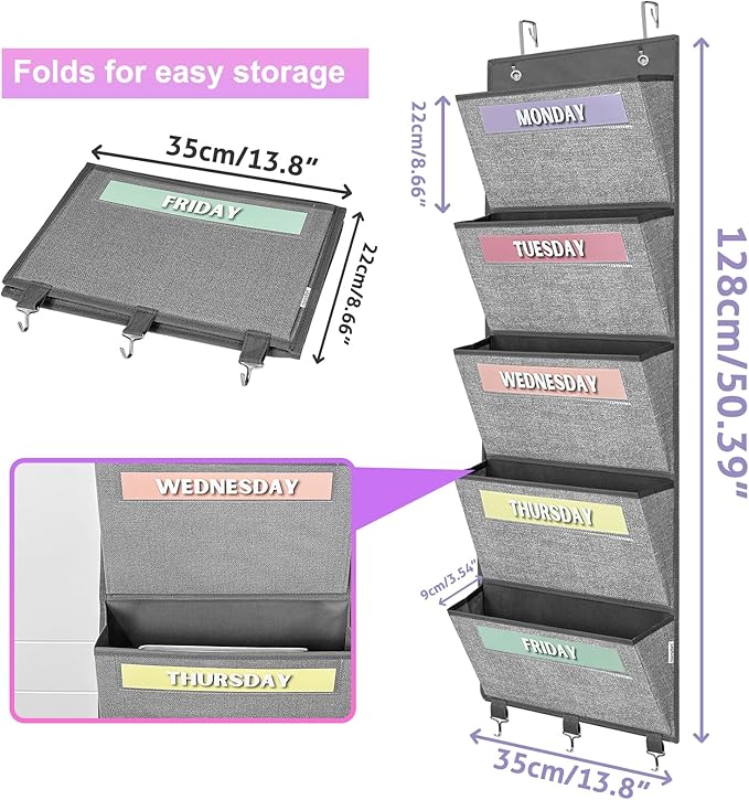 homyfort Over the Door hanging File Organizer, Weekly Hanging File Folders, Wall Organizers and Storage for Mail, Magazine, Notebooks, Office, Classroom, 5 Large Pockets, 50.39” Tall, Grey