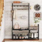 HOOBRO Hall Tree with Bench, Shoe and Coat Rack for Entryway, Coat Rack with Bench, Flip Top Storage Box, PU Cushioned Seat, Non-Woven Fabric Drawer, for Entrance, Greige and Black BG110MT01