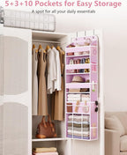 OneDream 5-Tier Over the Door Organizer with Removable Storage Caddy, Baby Clothes Organizer for Nursery, Hanging Behind Door Storage with Clear Pockets and Side Mesh Compartments, Pink