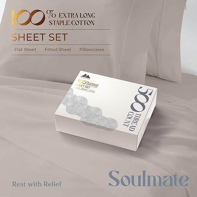 Mayfair Linen 500 Thread Count Twin Cotton Sheets - 3 PC Twin Size Bed Sheet Set Cotton (Taupe), Soft, Cooling, Sateen Hotel-Quality 16" Deep Pocket Bedsheet for Hot Sleepers (Fits 18" Mattress)