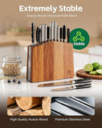 RAVS Universal Knife Block Without Knives, Acacia Wood Universal Knife Holder for Countertop, Kitchen Knife Storage Organizer with Slots for Scissors and Sharpening Rod, 22-Slot Large Capacity