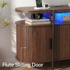 69" Mid Century Modern TV Stand, Curved Entertainment Center with LED Light & Power Outlet, Fluted Wood TV Stand for TVs up to 80'',Media TV Console Table with Sliding Doors for Living Room, Walnut