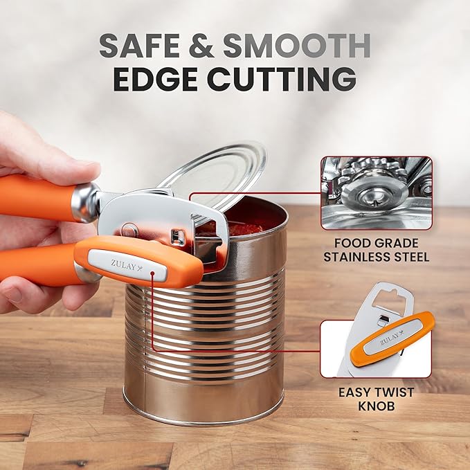 Zulay Kitchen Heavy Duty Stainless Steel Can Opener Manual with Bottle Opener - Rust Proof Manual Can Opener With Turn Knob & Comfy Soft Grip Handles - Orange