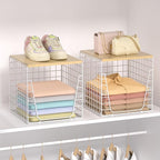 SWTYMIKI 2PCS Closet Organizers and Storage - Stackable Closet Basket with Wood Top Shelf, Clothes Storage Shelves, Clothes Drawer Bins for Wardrobe, Bedroom, Entryway, White