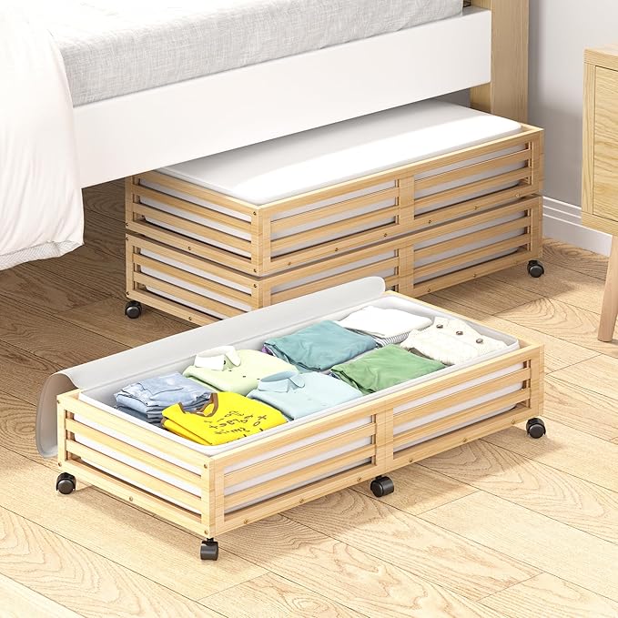 Bamboo Under Bed Storage Containers- Underbed Organizer with Wheels with Large Capacity Dust Bag,Sturdy Wood Rolling Under Bed Shoe Storage Organizer 2 Packs (Nature, 2 Packs (33.07"×16.54"))