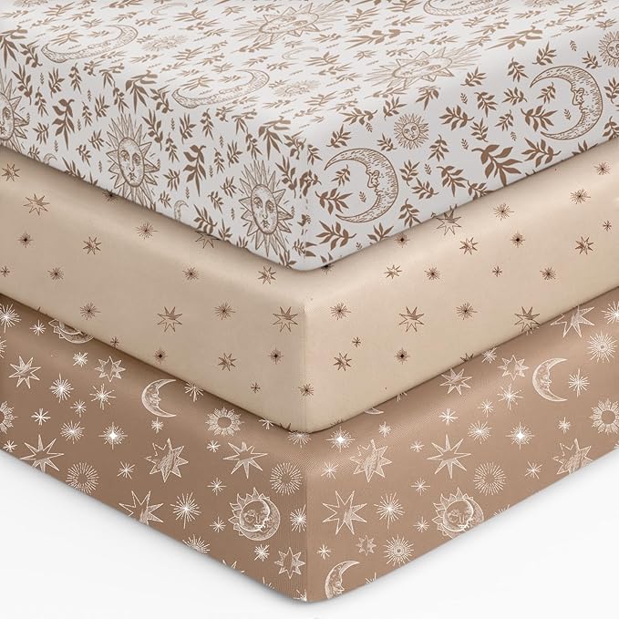 Baby Crib Sheets for Boys Girls, 28x52x8in Fitted Crib Sheet Neutral 3 Pack for Standard Crib and Toddler Mattress, Breathable Soft Microfiber Baby Sheet White Brown Sun God