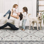 Washable Area Rugs 8x10, Large Rugs for Living Room, Carpet for Bedroom, Soft Faux Wool Retro Dining Room Rug, Non-Slip Backing Resistant Low Pile Vintage Print Rug for Home Office (White Cream/Gray)