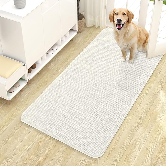 OLANLY Dog Door Mat for Muddy Paws 44x24, Absorbs Moisture and Dirt, Absorbent Non-Slip Washable Doormat, Quick Dry Chenille Mud Mat for Dogs, Entry Indoor Entryway Carpet for Inside Floor, Ivory