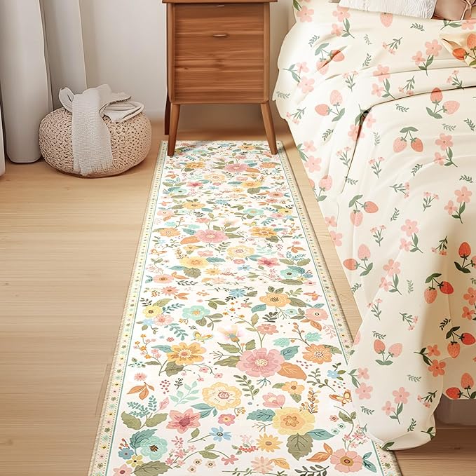 Floral 2x8 Area Rug Machine Washable Soft Print Boho Carpet Non Slip Doormat Low Pile Flower Area Rugs for Living Room Bedroom Nursery Kitchen Dining Room Indoor-Beige/White/Orange