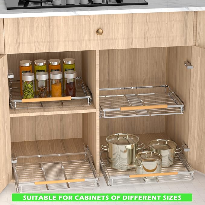 Adjustable Pull Out Shelves for Kitchen Cabinet, Expandable Pull Out Drawders for Cabinets, Pull Out Cabinet Organizer Roll Out Drawers, Stainless Steel, Cabinet Width 16.2" - 26.2", 1 Pack