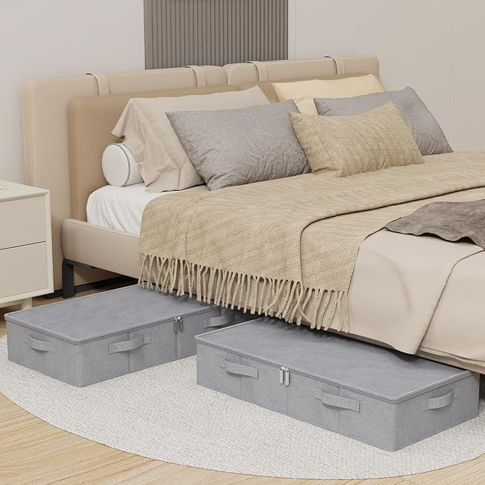 Underbed Storage Bin, Foldable Under Bed Flat Baskets Organizer, Container boxes with Lid for Organizing Clothes, Sheets, Blankets, Comforter, 31.4x15.7x5.9in, Grey, 2 Pack