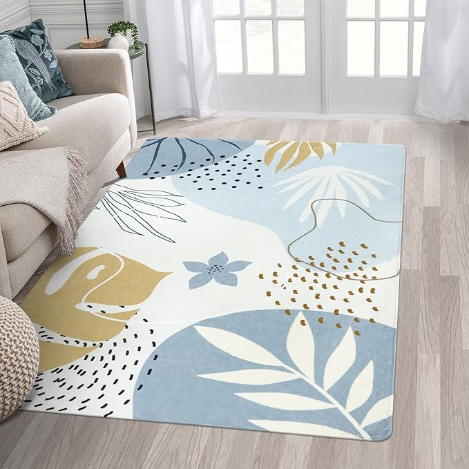 Lahome Boho Washable Blue Rug - 3x5 Small Non-Slip Low-Profile Carpets for Living Room, Bedroom, Entryway, Laundry Room, Kitchen, Office