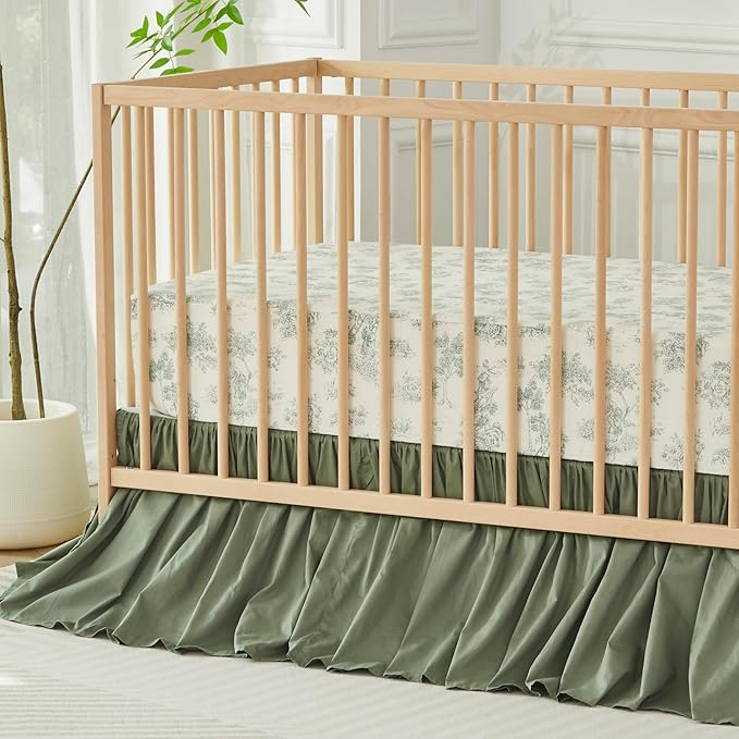 Brandream Crib Bed Skirt for Baby Girls Boys Gray Boho Bohemian Neutral Solid Cotton Toddler Bedskirt Farmhouse Chic Ruffle, Vintage Green