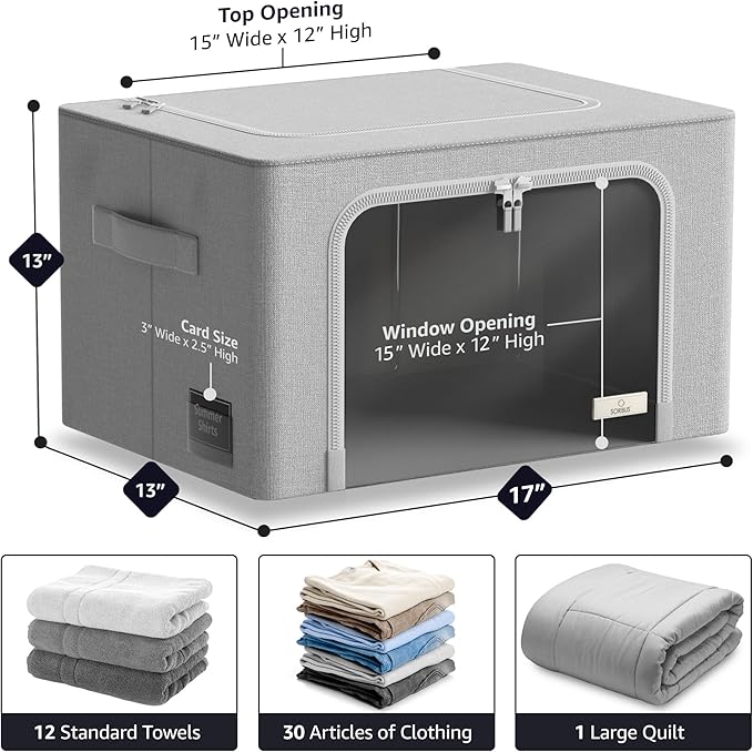 Sorbus Storage Bins with Metal Frame - Stackable & Foldable Clothes Organizer Bags - Oxford Fabric Storage Containers with Large Clear Window & Carry Handles Organization for Bedding Linen & Clothing