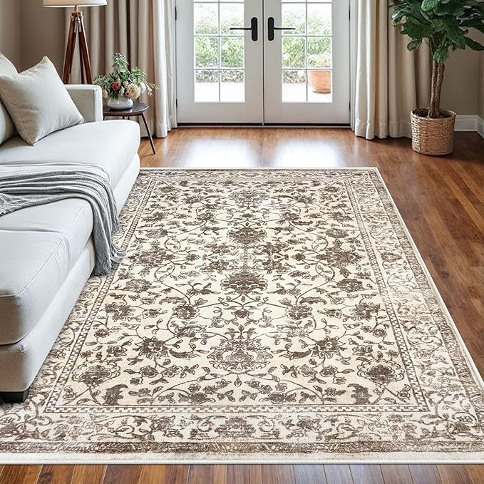 KILOCOCO Area Rug 5x7 Living Room Rug Washable Printed Vintage Floral Non Slip Soft Rubber Backed Indoor Bedroom Rugs for Laundry Room Kitchen Playroom Moroccan Area Rugs, Beige/Brown