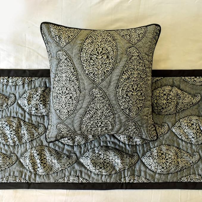 The HomeCentric King/Queen/Twin Grey Decorative Full 68"x18" Bed Runner Without Pillow Cover, Paisley & Beaded Bed Scarf on Jacquard Fabric - Paisley History