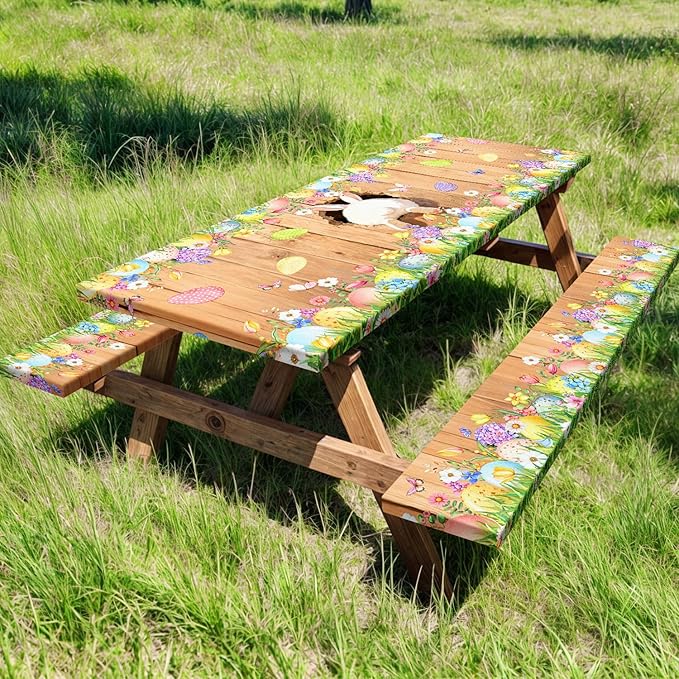 Easter Picnic Table Cover with Bench Covers, Cute Bunny Flower Brown Wooden Board Camping Tablecloth, Waterproof Windproof, Fitted Tablecloth Cover with Elastic Edge, for Outdoor, 3 PCS, 30x72 Inch