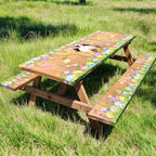 Easter Picnic Table Cover with Bench Covers, Cute Bunny Flower Brown Wooden Board Camping Tablecloth, Waterproof Windproof, Fitted Tablecloth Cover with Elastic Edge, for Outdoor, 3 PCS, 30x72 Inch