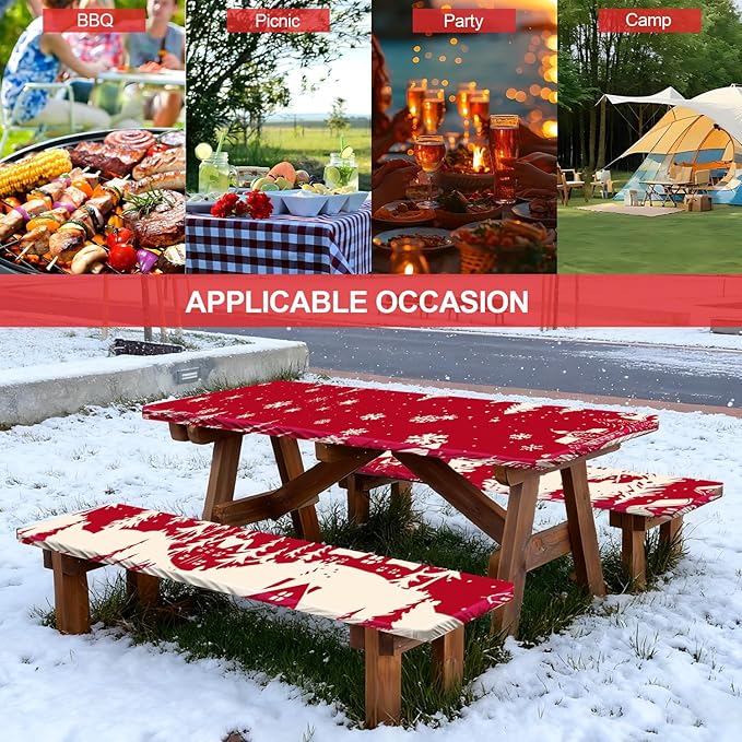 Picnic Table Cover with Bench Covers Set of 3, Elastic Fitted Tablecloth for 6 Foot Tables, Washable Polyester Tablecloths for Camping, Indoor & Outdoor