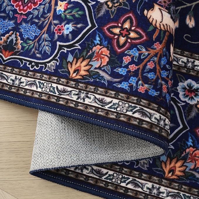 Rugcomf Area Rugs 4x6 Vibrant Tree of Life-Patterned Vintage Washable Rugs Non Slip Low Pile Small Carpet for Bedroom Bedside Kids Room Office Dining Room, Blue