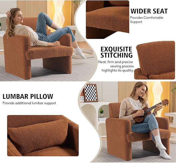 Gaussen Sherpa Accent Chair Mid Century Modern Living Room Chairs with Pillow Fluffy Single Sofa Chair Upholstered Arm Chair Oversized Reading Chair Comfy Chair for Bedroom/Office/Cafe (Autumn)