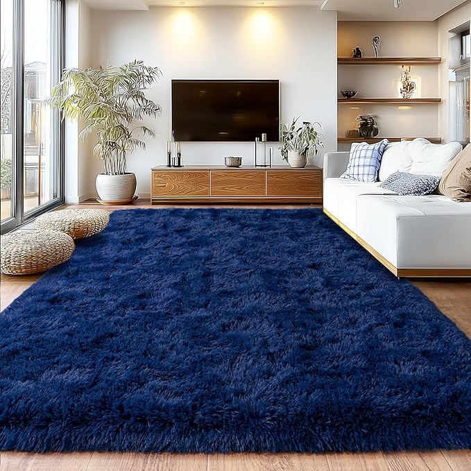 Shag Area Rugs for Living Room, Soft Fuzzy Plush Rugs, Upgrade Anti-Skid Modern Furry Rugs Fluffy Carpets for Kids Room Nursery Home Decor Dark Blue, 6X9 Feet