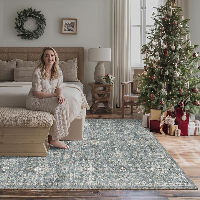 6x9 Washable Rug Vintage Fade Resistant Boho Distressed Non-Slip Indoor Large Carpet Low Pile Lightweight & High-Traffic Safe for Bedroom, Dorm, Playroom - Farmhouse Decor