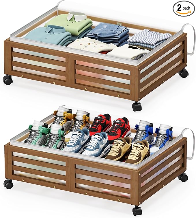 Under Bed Storage Containers With Wheels - 2 Pcs Bamboo Wood Rolling Underbed Shoe Storage Bins With Dust Bags for Clothes Blankets, Duvet Covers Snacks Toys (Walnut)