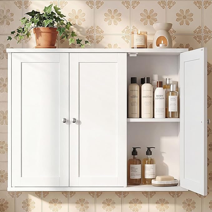 VASAGLE Siren Collection - Bathroom Wall Cabinet, Hanging Bathroom Storage Cabinet, for Medicines, Farmhouse, 4 Adjustable Shelves, 7.9 x 31.5 x 23.6 Inches, Cloud White UBBK350WB01S