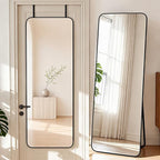 NARCISSUS 57x20 Mirror Door Hanging Full Length Body with Floor Stand or Wall Mounted Metal Aluminum Frame Tempered Glass Rectangle Mirrors for Bedroom Dressing Living Room Bathroom 57 inch Black
