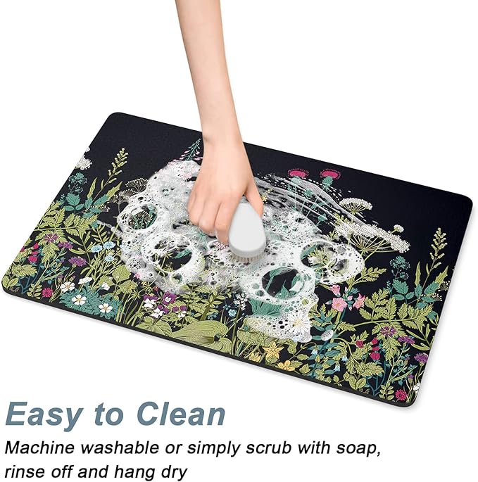 Rnivvi Coffee Mat, 16" x 24" Cute Flower Theme Coffee Bar Mats for Espresso Machine Station Accessories and Organizer, Hide Stain Rubber Backed Absorbent Dish Drying Pad for Kitchen Counter, Black