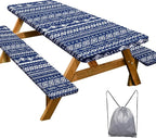 Picnic Table Cover with Bench Covers Camping Essentials Waterproof Windproof Camping Tablecloth with Drawstring Bag, Fitted Rectangle Tables and Seats, 72in, Bohemian Navy Blue