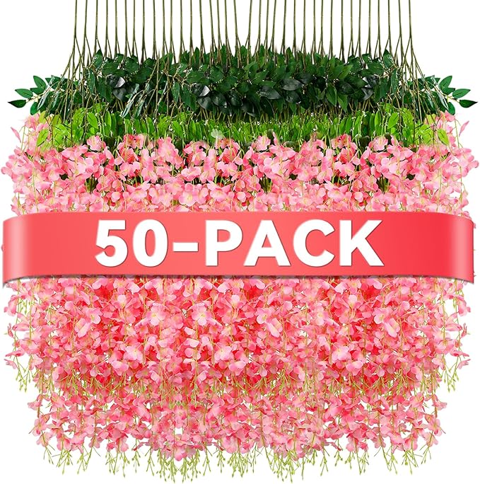 Alotiki Wisteria Hanging Flowers,50 Pack Fake Hanging Flowers,Wisteria Artificiales Garland for Home Wedding Arch Floral Party Garden Ceremony Outdoor Decor,3.6 Feet Long(50,Pink)
