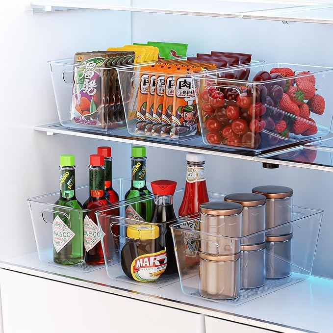 6 Pack Clear Pantry Organizer Bins, Fridge Organiser Set, Plastic Containers with Handle,Home Organization Must Haves for Kitchen,Freezer,Cabinet,Closet,Bathroom Under Sink Storage