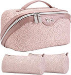 BOYATU Travel Makeup Bags Cosmetic Organizer Bag: 3-Set Large Capacity Make up Bag - PU Leather Toiletry Bags for Women - Wide Open Portable Pouch with Divider & Handle (A-Light Pink)