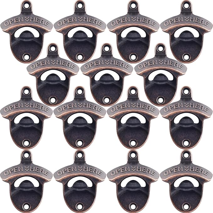 Retro Bottle Cap Opener Mountable - Stationary Wall Beer Bottle Opener Antique Copper - Cooler Mount Beer Bottle Top Opener Bulk Open Here (15 PCS)