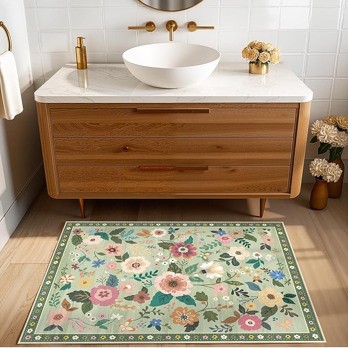 Floral 2x3 Area Rug Machine Washable Soft Print Boho Carpet Non Slip Doormat Low Pile Flower Area Rugs for Living Room Bedroom Nursery Kitchen Dining Room Indoor-Light Green