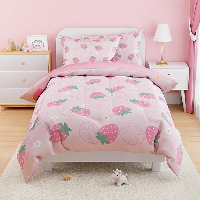 SANDJEST Strawberry Comforter Set Full Size 98x86in for Kids Girls, Microfiber 4 Pcs Bedding Set Includes 1 Comforter, 2 Pillowcases, 1 Fitted Sheet, Nursery Room Decor