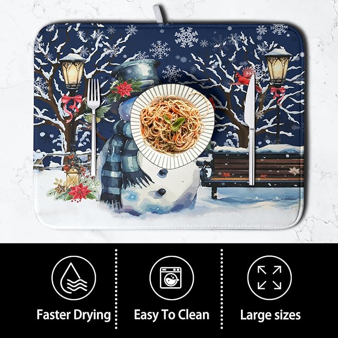 Winter Snowman Dish Drying Mat for Kitchen Counter 16x18, Xmas Snowflakes Dish Drainer Mat Snowy Night Drying Kitchen Mats Cardinal Birld Dish Pad Absorbent Reversible Coffee Mats for Dishes