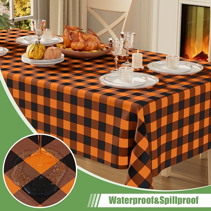 Smiry 3 Pack Gingham Disposable Table Cloth, 54 x 108 Inch Waterproof Plastic Tablecloth, Rectangle Black and Orange Checkered Table Covers for Picnic, Birthday, Party